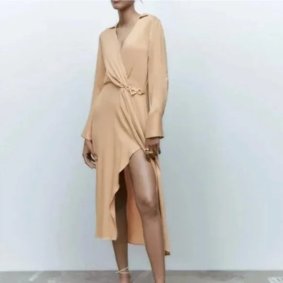 Zara | Dresses | New With Tag Zara Soft Gold Satin Effect Midi Dress Size S  | Poshmark